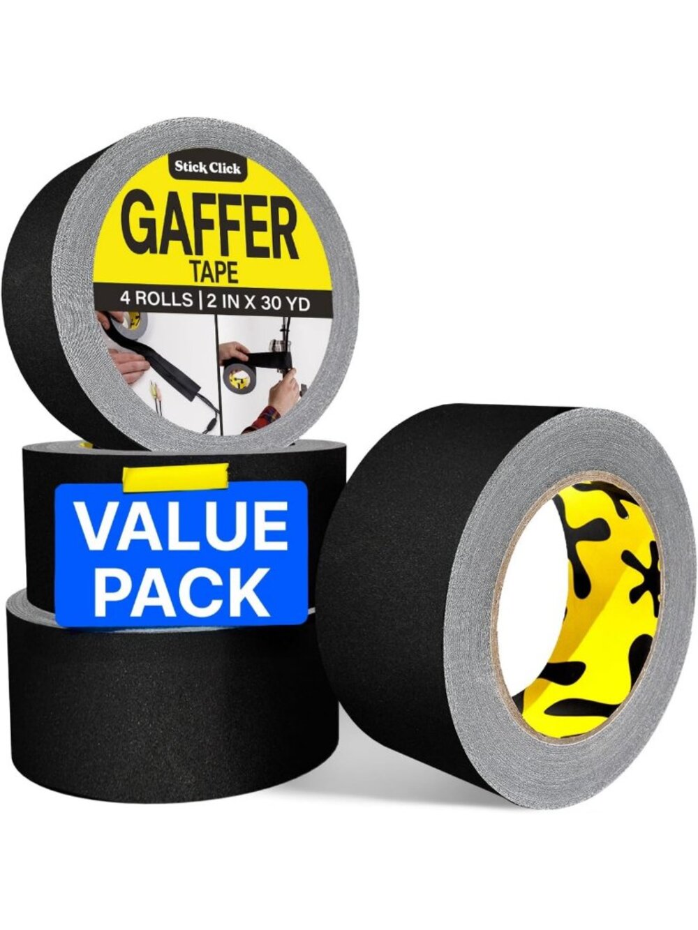 4-Pack Black Gaffers Tape - 2 inch x 30 Yards - Pro Water-Resistant Black Gaff